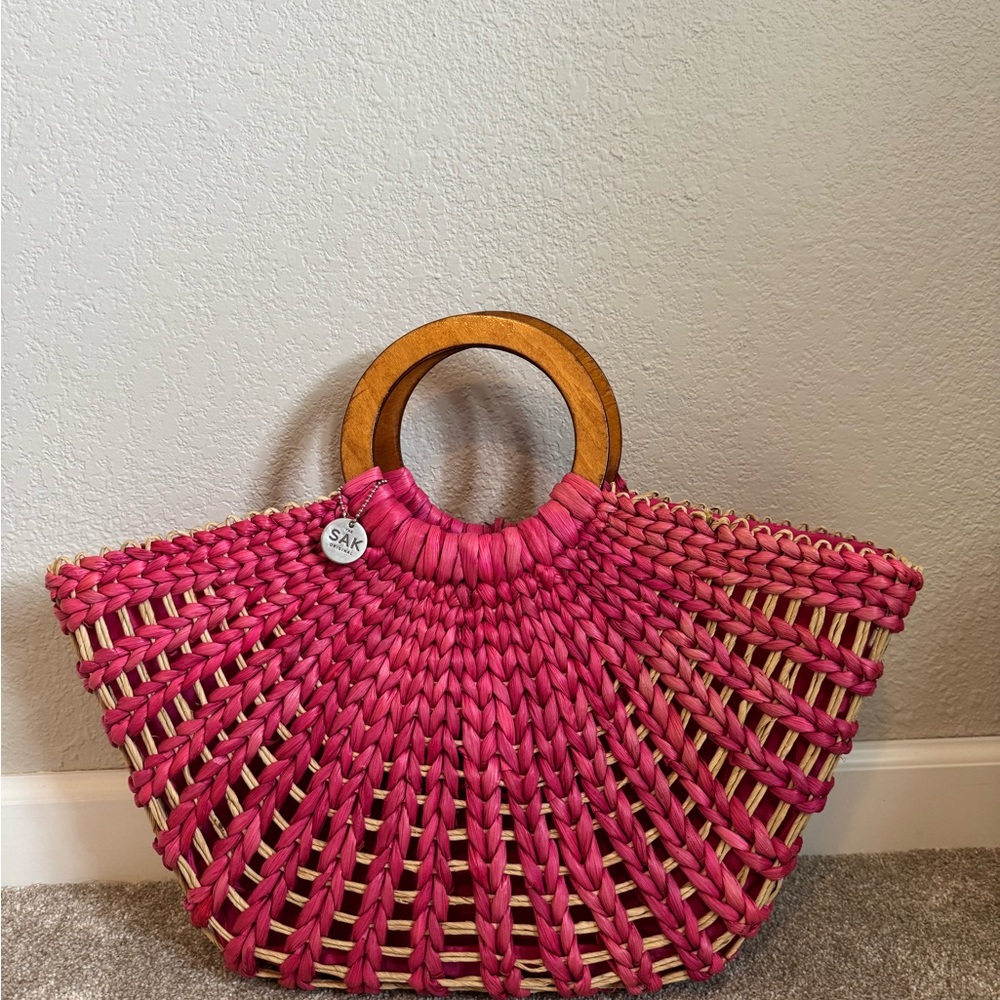 The Sak Pink and Brown Tote with Wooden Handles